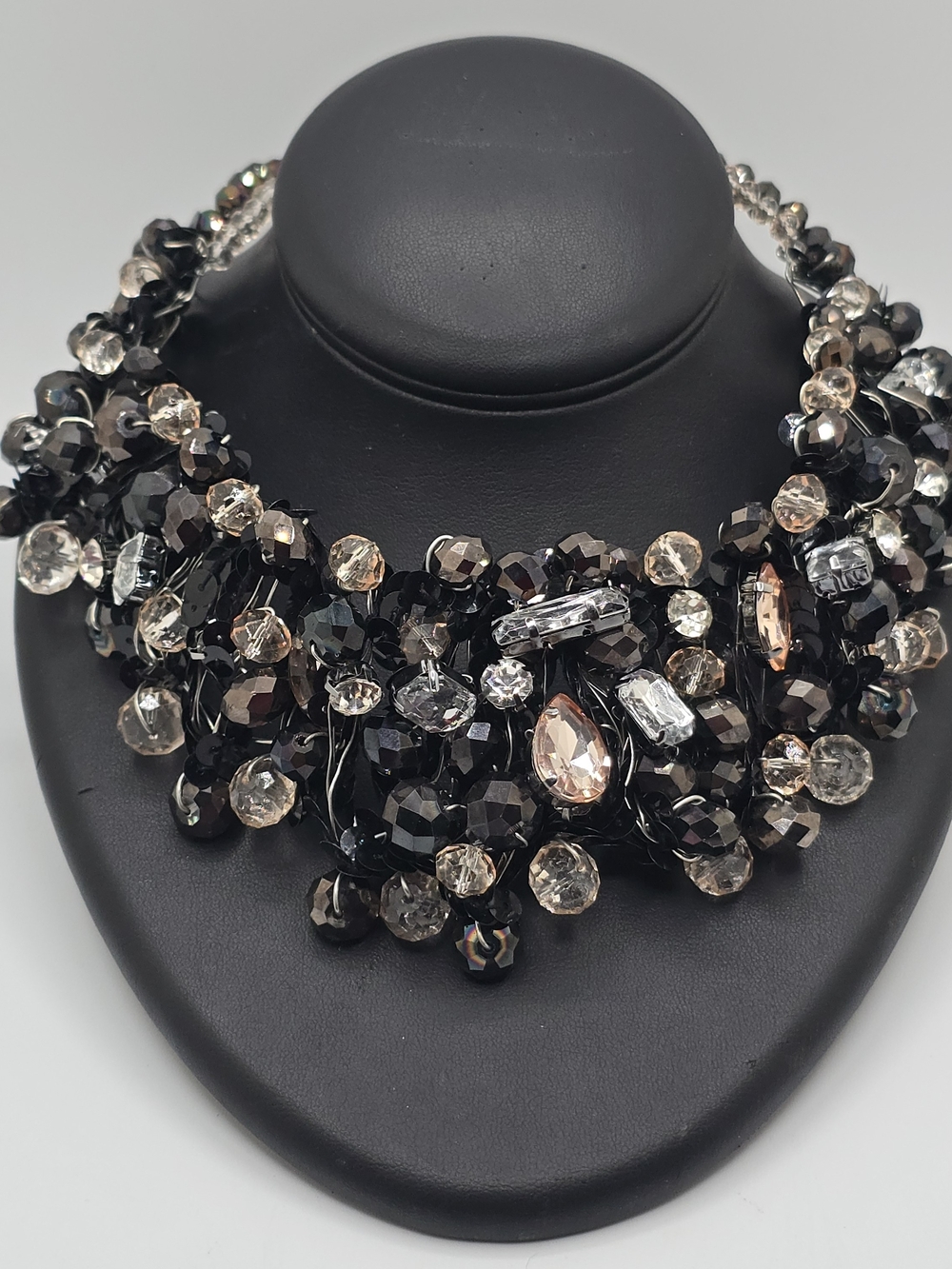 Aldo Necklace Black Beaded Sequin Rhinestone Statement Bib Y2K 16" Adjustable